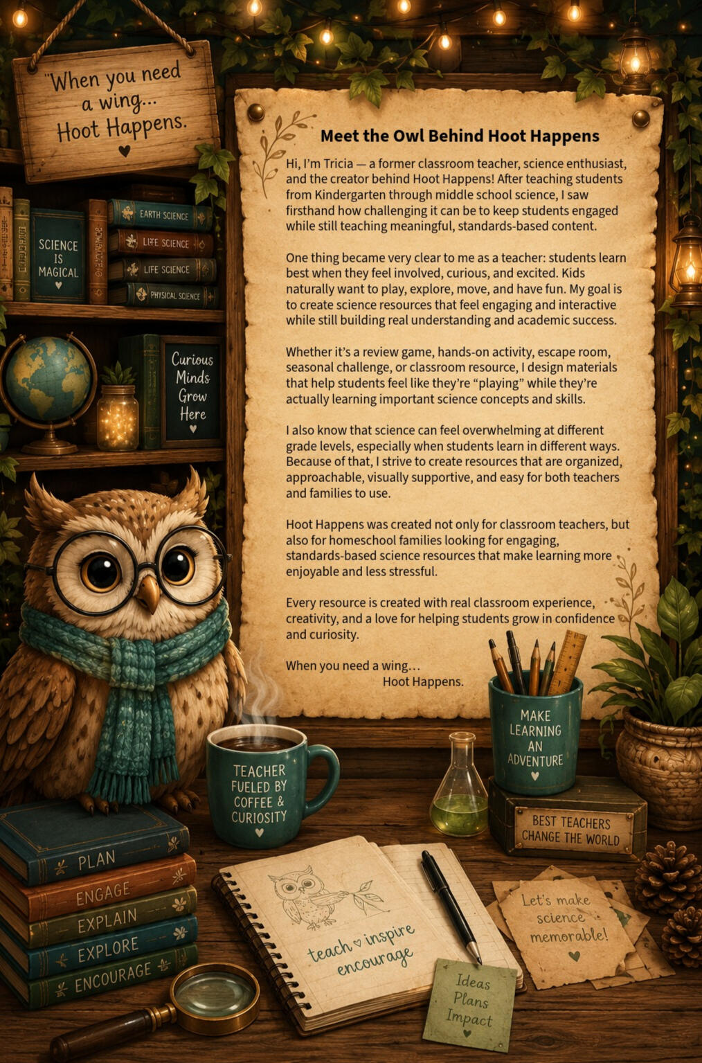 Teacher and curriculum creator behind Hoot Happens, providing K-8 science resources, STEM activities, and test prep materials.